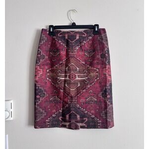 Tory Burch Skirt Size 6 Aztec Western Print Red LINED Silk Wool Designer Office